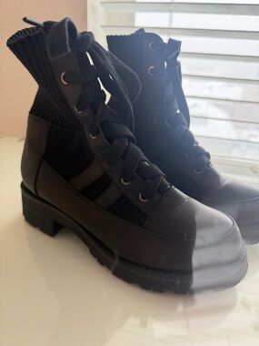 MIA Black Lace-Up Knit-Collar Chunky Ankle Boots